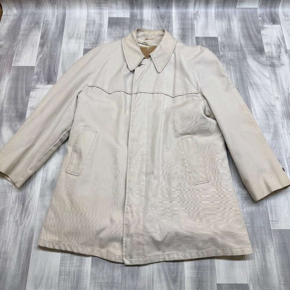 ✅Mens L VTG Beige Classic Trench/Over-Coat Faux Shearling Lining Button Closure